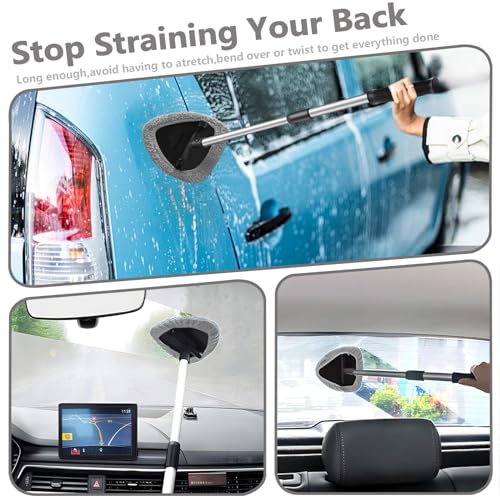 Car Windshield Cleaning Tools, Expandable Car Window Cleaner kit with 4 Reusable Microfiber Pads, Windshield Cleaning Wand Tool, Auto Interior Dust Brush, for Trucks, SUVs, RVs etc - color: grey