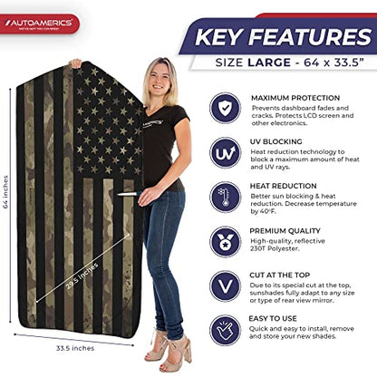 Autoamerics 1-Piece Windshield Sun Shade Dark Camo American Flag USA Design - Foldable Car Front Window Sunshade for Most Sedans SUV Truck - Blocks Max UV Rays and Keeps Your Vehicle Cool - Large - color: USA DARK CAMO FLAG, size: LARGE = 64 x 33.5 inches