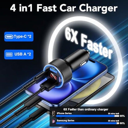 4-Port USB C Car Charger Fast Charging, Car Phone Charger Adapter with 30W PD & QC3.0 Dual USB C & USB A Port Real-Time LED Voltmeter 12V/24V Cigarette Lighter Adapter for iPhone Galaxy & Android - color: Grey