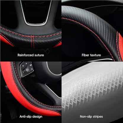 LABBYWAY Microfiber Leather Auto Car Steering Wheel Cover, Universal 15 Inch Anti-Slip Wheel Protector, Red - color: Fiber Red
