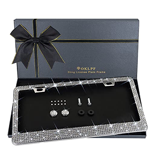 Sparkly Bling Stainless Steel License Plate Frames for Women, 1PCS | Over 1000 pcs 14 Facets Bedazzled Clear Glass Diamond Rhinestone Crystals w/Free Glitter Diamond Box (White) - color: white