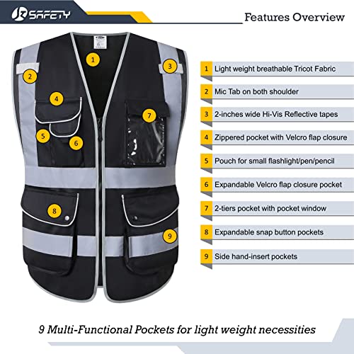 JKSafety 9 Pockets High Visibility Black Safety Vest for Men and Women, Hi-Vis Reflective Safety Vests with Zipper Front, Meet ANSI/ISEA Class 1 Standards (150-Black, Medium) - color: Black, size: Medium