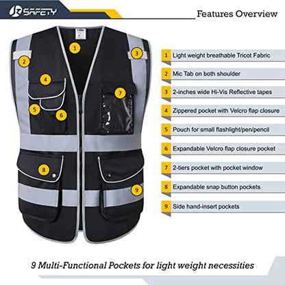 JKSafety 9 Pockets High Visibility Black Safety Vest for Men and Women, Hi-Vis Reflective Safety Vests with Zipper Front, Meet ANSI/ISEA Class 1 Standards (150-Black, Medium) - color: Black, size: Medium