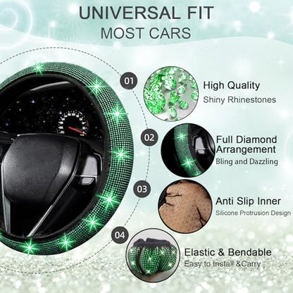 NBTEPEM 27 PCs Green Bling Car Accessories Set for Women, Steering Wheel Covers Universal Fit 15 Inch, Bling License Plate Frame, Bling Phone Holder, Bling Car Coasters (Green Diamond) - color: Green Diamond