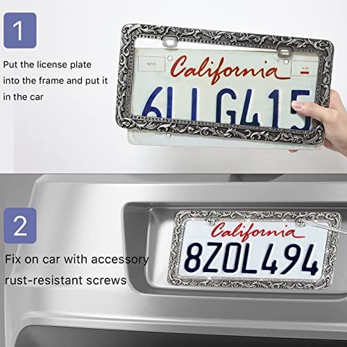 Valor Metal Car License Plate Frames,Antique Old Pattern Printing, Bling Crystal Rhinestones Inlaid,Universal 2 Holes Automotive Replacement Parts Plate Holder(2 Pack) - size: 2 Pack