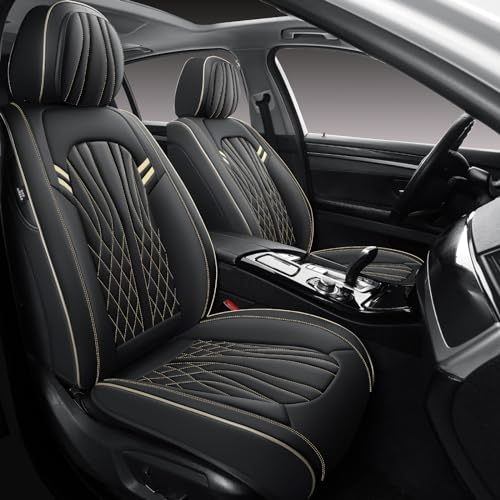 MINGBRON Seat Covers for Cars, Waterproof Seat Covers, Leather Car Seat Covers 2 Pack, Universal Seat Cushion Protector for Most Cars Black&Beige Line - color: Black&Beige Line, size: 2 Seat Covers (Front Only)