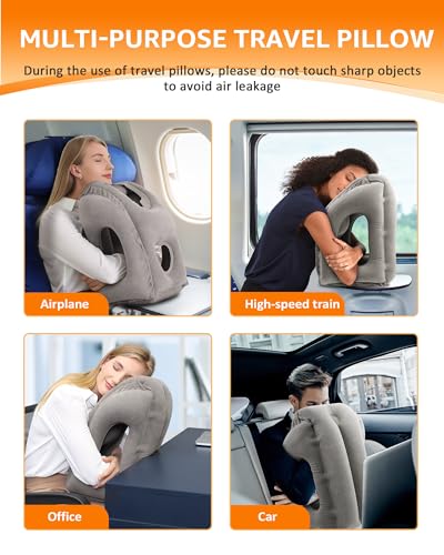 Sunany Travel Pillow, Inflatable Neck Pillow Used for Airplanes/Cars/Buses/Trains/Office Napping with Eye Mask/Earplugs (Gray) - color: Grey