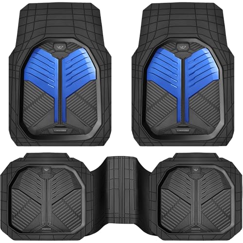 CAR PASS Heavy Duty Rubber Car Mats, Deep-Dish Car Floor Mats All Weather, Universal Two-Tone Trim-to-Fit for SUVs Trucks Sedans, Waterproof Anti-Slip, 3 Pieces V12 Black and Metallic Blue - color: Blue and Black