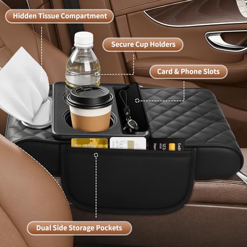 5-in-1 Car Armrest Cushion, Multifunctional PVC Leather Center Console Armrest Pillow Elbow, Universal Arm Box Pad Cover with Cup Holder, Phone Slot, Tissue Box Slot & 2 Storage Bags, Beige - color: Beige
