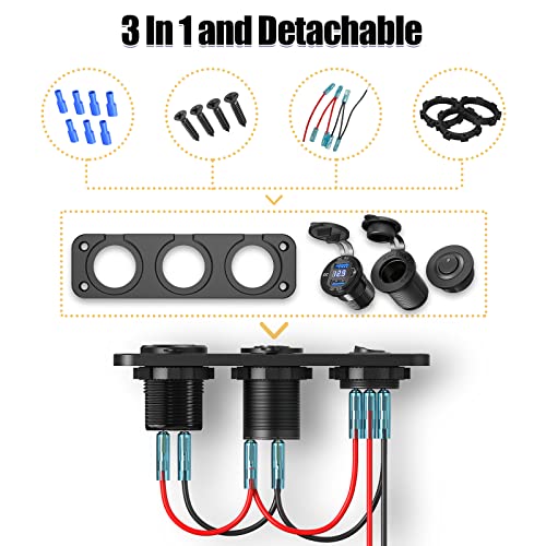 Cigarette Lighter Socket 12V Splitter with Rocker Toggle Switch, Dual Quick Charge 3.0 Aluminum Metal 12 Volt USB Outlet with LED Voltmeter, Waterproof Cigarette Lighter Adapter Female Socket Plug DC