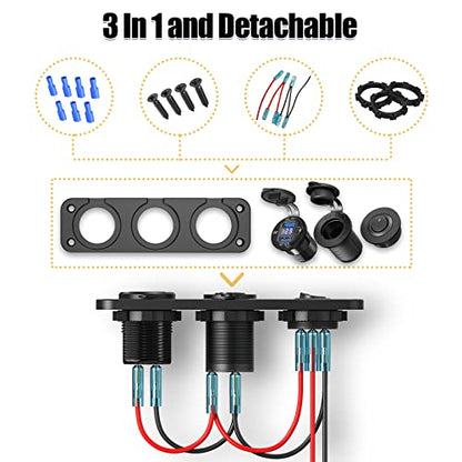 Cigarette Lighter Socket 12V Splitter with Rocker Toggle Switch, Dual Quick Charge 3.0 Aluminum Metal 12 Volt USB Outlet with LED Voltmeter, Waterproof Cigarette Lighter Adapter Female Socket Plug DC