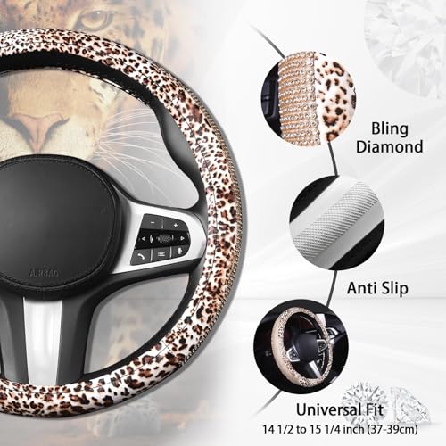 AUTOYOUTH Leopard Print Steering Wheel Cover - Bling Crystal Rhinestones Cheetah Print on PVC Leather Non-Slip Breathable Design for Women/Girls Universal Fit 14.5-15 Inch - color: GOLD