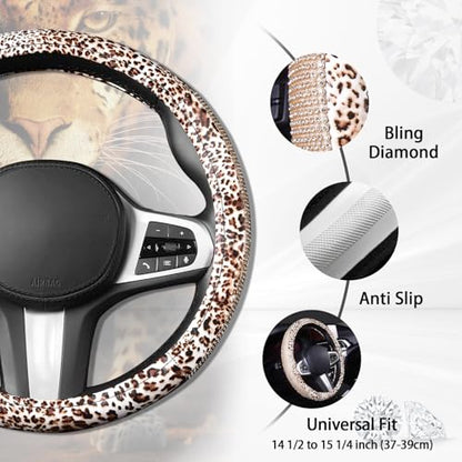 AUTOYOUTH Leopard Print Steering Wheel Cover - Bling Crystal Rhinestones Cheetah Print on PVC Leather Non-Slip Breathable Design for Women/Girls Universal Fit 14.5-15 Inch - color: GOLD