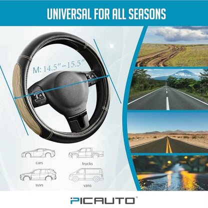 PIC AUTO Steering Wheel Cover, Beige Thick Rhombic Foam and Premium Leather, Universal 14.5-15.5 Inch Breathable Anti-Slip Steering Wheels Accessories for Men & Women - color: Beige