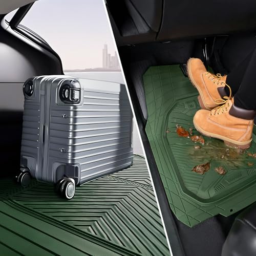 CAR PASS Heavy Duty Rubber Car Mats with Cargo Liner, Deep-Dish Car Floor Mats and Trunk Mat All Weather, Universal Trim-to-Fit for SUVs Trucks Sedans, Waterproof Anti-Slip, Trimmable V12 Olive Green - color: Green Full Set