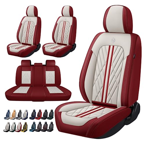 Universal Fit Waterproof Breathable Nappa Leather Automotive Vehicle Car Seat Covers Set Cushion Protector for Sedan SUV - color: Beige Red, size: Full Set 5 Seats