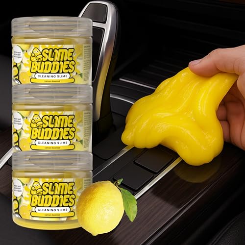 Slime Buddies Car Cleaning Gel Putty - 3 Pack Lemon Scented Interior Detailing Tool for Cup Holder, Air Vent & Keyboard - Reusable Auto Detailing Accessories - Dust Remover Goop - Gifts for Men Women - color: Lemon