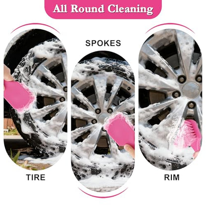 Pink Tire Brush for Women – 8.2" Soft Flagged-Tip Tire Cleaning Brush, Gentle on Wheels & Rims, Cars, Trucks & Motorcycles