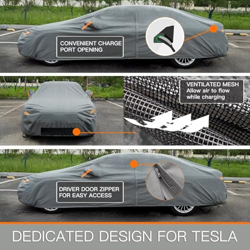 Kayme Heavy Duty Car Cover Waterproof All Weather, Custom Fit for Tesla Model 3, Outdoor Full Exterior Cover with Charging Port and Breathable Ventilation Mesh, Sun and Rain Protection. - size: Custom Fit Tesla Model 3-1