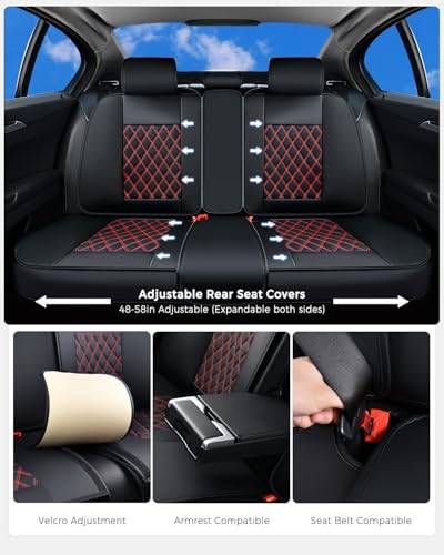 Huidasource Seat Covers, Nappa Leather Car Seat Covers, Velcro Adjustable, Compatible with Airbags, Child Seat, Seat Belts, Fit for Most Cars, Vans, Trucks, SUVs (Full Set/Black&Red) - color: 01FS# Black & Red01, size: 5pcs Full Set