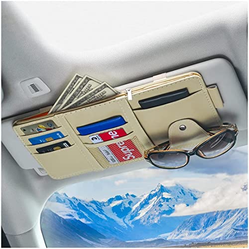 XINLIYA Car Sun Visor Organizer, Leather Storage Pocket Sun Visor Pouch with Zipper for Cards License Registration Pen Glasses Document, Fits Most Car SUV, Auto Interior Accessories (Beige) - color: Beige
