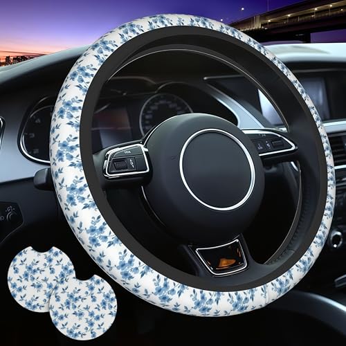 Cute Floral Steering Wheel Cover Blue Flowers Steering Wheel Cover Breathable Universal for 15 Inch Anti-Slip Car with 2 Pieces Car Coasters Suitable for Men Women Florals - color: Cute Floral