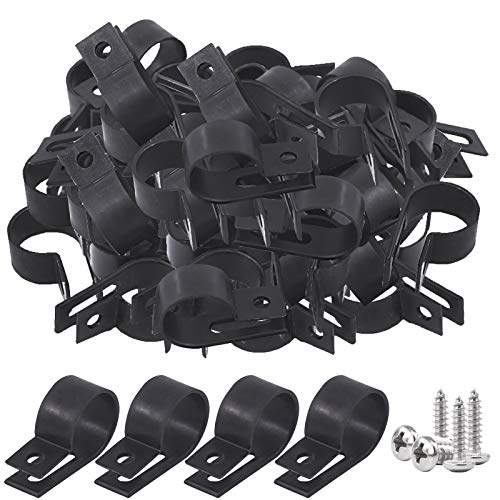 Glarks 120Pcs 3/4 Inch Black Nylon Screw Mounting R-Type Cable Clip Wire Clamp with 120Pcs Screws for Wire, Cable, Conduit and Cable Conduit Kit (Black) - size: 3/4''(19mm)
