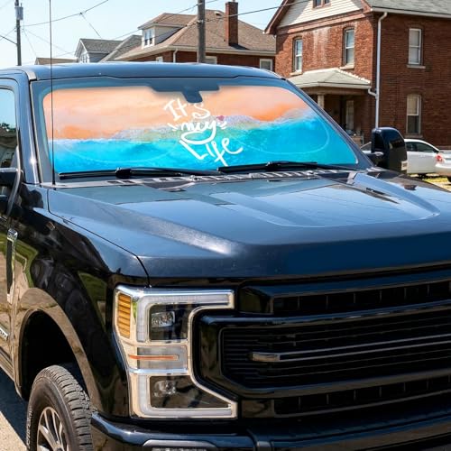 63"x28.5" Car Windshield Sun Shade with Storage Pouch, Stylish Printed Front Window Sunshade with Double Ring Frame, Universal Fit Foldable Heat Blocker & UV Protector for SUV, Sedan (Beach) - color: Beach