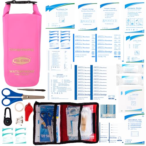 Boat First Aid Kit Waterproof, WELL-STRONG Marine Emergency Kit with Roll Top Dry Bag for Boating Fishing Kayaking – Water-Resistant Contents for Camping & Beach（Transparent Pink） - color: Ws011-transpink