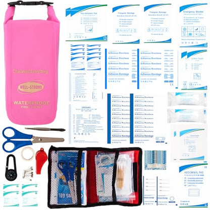 Boat First Aid Kit Waterproof, WELL-STRONG Marine Emergency Kit with Roll Top Dry Bag for Boating Fishing Kayaking – Water-Resistant Contents for Camping & Beach（Transparent Pink） - color: Ws011-transpink