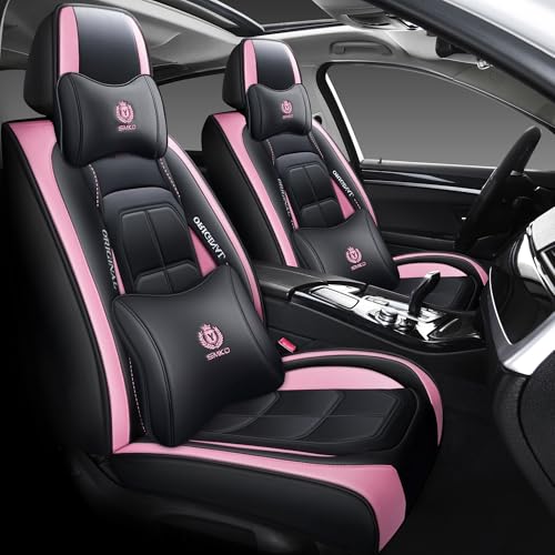 BGYFDU07 Seat Cover 5-Seater Full Set, Universal Type, Suitable for Most Cars, Cars, SUV, Trucks, Pickup Ttrucks, Airbags Compatible with Synthetic Leather Car Seat Cushion Protectors (Black and Pink) - color: black and pink