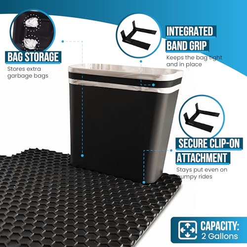 Car Trash Can for Car Garbage: Car Waste Bin w/Floor Mat Clip, Bag Securement Band and Liner for Drivers and Passengers; 3 Gallon Garbage Container for Vehicle, Sedan, SUV, Van, MPV & Truck (Black)