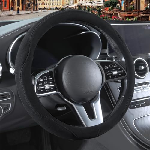 Black Suede Steering Wheel Cover, Breathable Non-Slip Sweat-Proof Wear-Resistant No Pilling, Warm in Winter and Cool in Summer, Universal 15 inch - color: Black, size: Round-M[14.5''-15'']