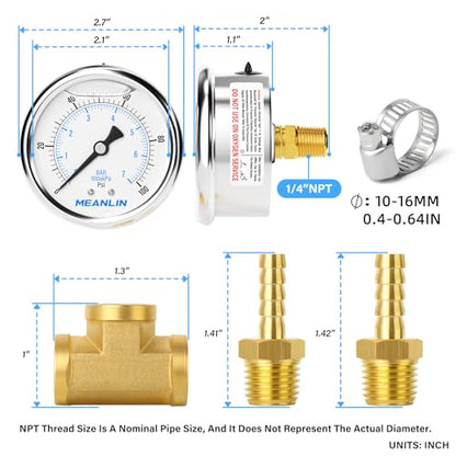 MEANLIN MEASURE 9Pcs Kit 0-100Psi Stainless Steel Liquid Filled Pressure Gauge 1/4" NPT 2.5" FACE DIAL, Back Mount with 1/4" 5/16" Hose Barb, Tee Fittings, WOG Water Oil Air - size: 0-100Psi (9Pcs Kit)
