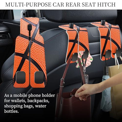 PU Leather Car Seat Hook, Storage Headrest Hanger, Cute Car Backseat Organizer, Car Hooks for Purses and Bags Basketball Texture - color: Basketball Texture