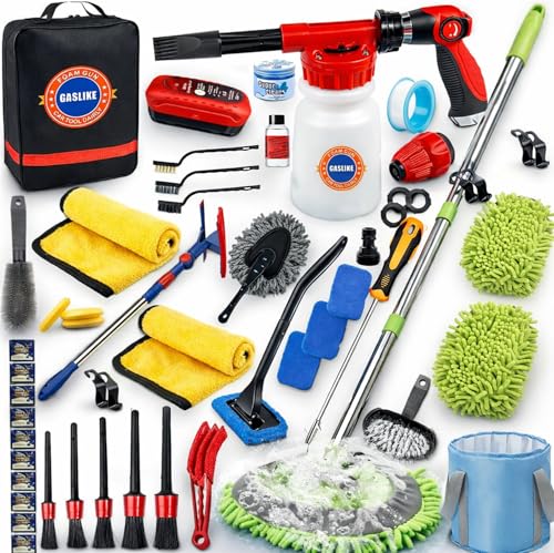 56Pcs Car Wash Cleaning Kit with Foam Gun, Car Wash Brush with Long Handle, Car Detailing Kit, Car Wheel Brush for Car Cleaning Supplies, Adjustable Hose Wash Sprayer-Quick Connector to Any Hose - size: 56PCS