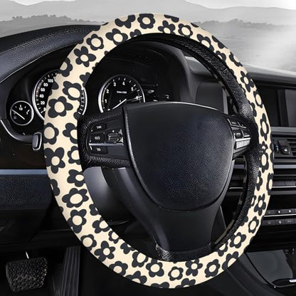 Steering Wheel Covers for Car, Truck, and SUV, Cute Non-Slip Breathable Elastic Steering Wheel, Car Accessories, Universal 15 Inch Leather Cover for Men Women Black Flower - color: Black Flower