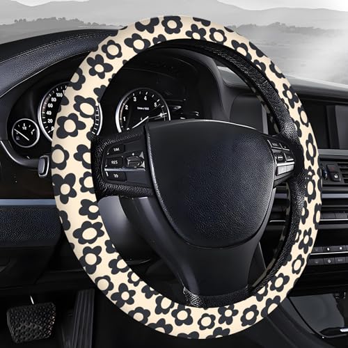 Steering Wheel Covers for Car, Truck, and SUV, Cute Non-Slip Breathable Elastic Steering Wheel, Car Accessories, Universal 15 Inch Leather Cover for Men Women Black Flower - color: Black Flower