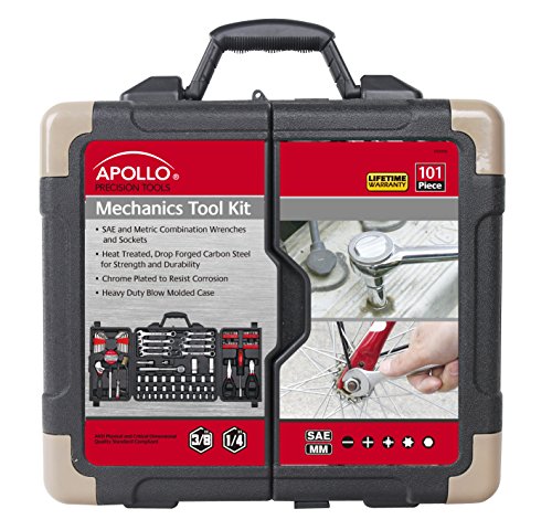 Apollo Tools 101 Piece Mechanic Tool Set for Roadside Emergencies. SAE and Metric for Mechanical Repairs for Boating, RV, Bikes, in Compact Carrying Case - Red - DT0006