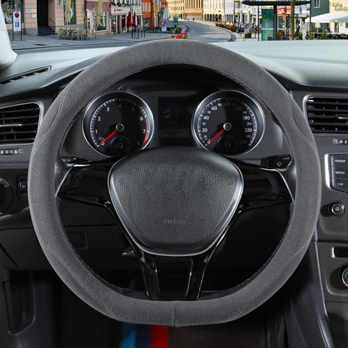 14 inch Gray Suede D Shaped Steering Wheel Cover, Breathable Non-Slip Sweat-Proof Wear-Resistant No Pilling, Warm in Winter and Cool in Summer - color: Gray, size: D Shape-S[13.5''-14'']