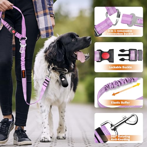 Removable Dog Seat Belt Harness for Car, 3 in 1 Pet Dog Car Seatbelt Leash, Retractable Restraint Secures to Vehicle Headrest & Adjustable Reflective Bungee Dog Seatbelt Tether, Purple - color: 2PCS Purple