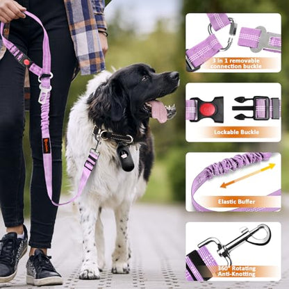 Removable Dog Seat Belt Harness for Car, 3 in 1 Pet Dog Car Seatbelt Leash, Retractable Restraint Secures to Vehicle Headrest & Adjustable Reflective Bungee Dog Seatbelt Tether, Purple - color: 2PCS Purple