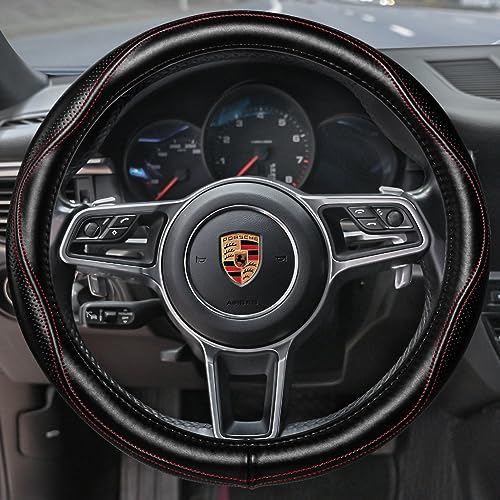 HAOKAY Top Grade Black Genuine Leather Steering Wheel Cover Women Men, Luxury Steering Wheel Cover for Cars, SUVS and Trucks, Universal 14.5-15 inch - color: BLACK/RED