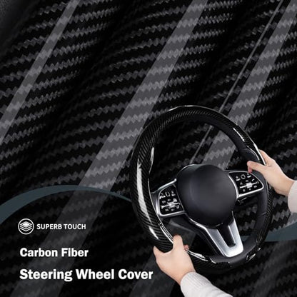 Car Steering Wheel Cover Carbon Fiber Snap On Steering Wheel Accessories Wrap 14.5-15 inch Universal Grip Anti-Skid Protector, Glossy Black - color: A Glossy Black