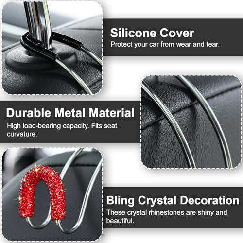 Soleebee 2 Pack Bling Car Headrest Hooks Crystal Rhinestones Universal Car Seat Hook Auto Hook Durable Car Back Seat Hangers Storage Organizer (Red) - color: Red