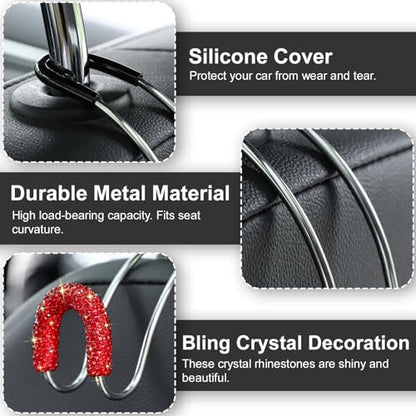 Soleebee 2 Pack Bling Car Headrest Hooks Crystal Rhinestones Universal Car Seat Hook Auto Hook Durable Car Back Seat Hangers Storage Organizer (Red) - color: Red