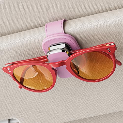 Sunglass Holder for Car Visor, One-Handed Operation Leather Sunglasses Clip with Soft Padding, Auto-Clamping Eyeglasses Organizer for Sun Visor, Universal Car Accessories (Pink) - color: Pink