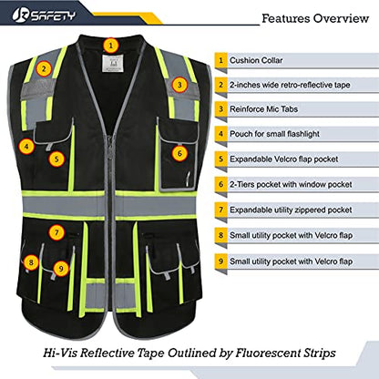 JKSafety 10 Pockets Hi-Vis Zipper Front Black Safety Vest Meets ANSI/ISEA Standards (Medium, 89-Black) - color: Blackt1s1, size: Medium