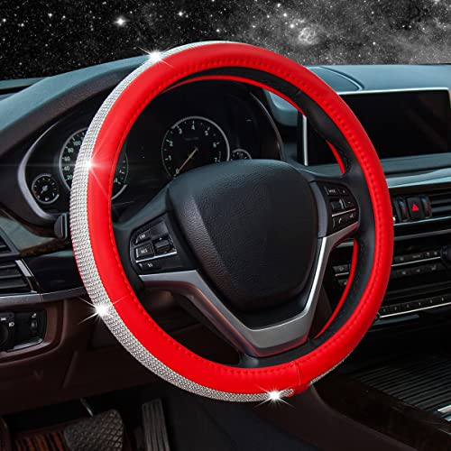 New Diamond Leather Steering Wheel Cover with Bling Bling Crystal Rhinestones, Universal Fit 15 Inch Car Wheel Protector for Women Girls Red - color: Red with White Diamonds, size: Standard Size[14"1/2-15"]