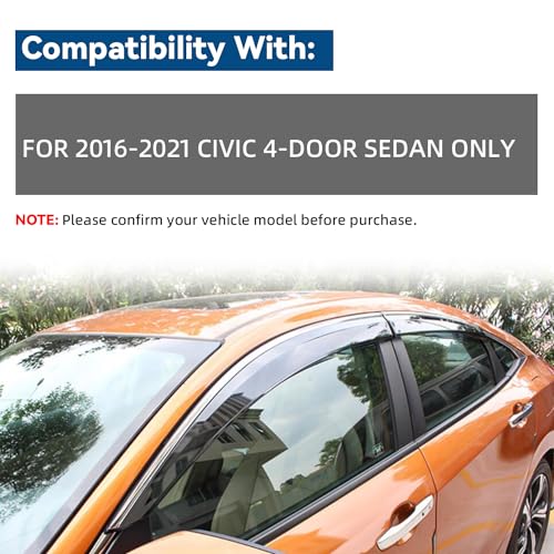 4pcs Smoke Tint with Chrome Trim Outside Mount Tape On/Clip On Style PVC Sun Rain Guard Vent Window Visors Compatible with 16-21 Civic 4-Door Sedan - size: For 2016-2021 Honda Civic 4-Door Sedan